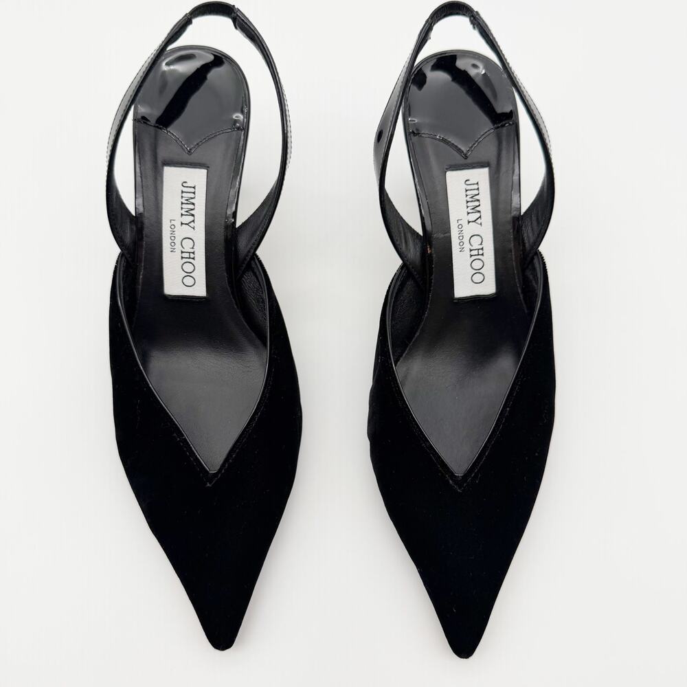 Jimmy Choo Maryanne Black Velvet Patent Leather Slingback Pumps Heels Size 36